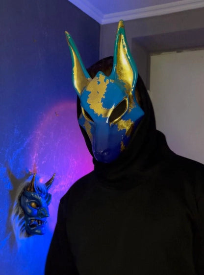 Pro Egyptian Anubis Mask Blue and Gold Wolf Jackal Ankh