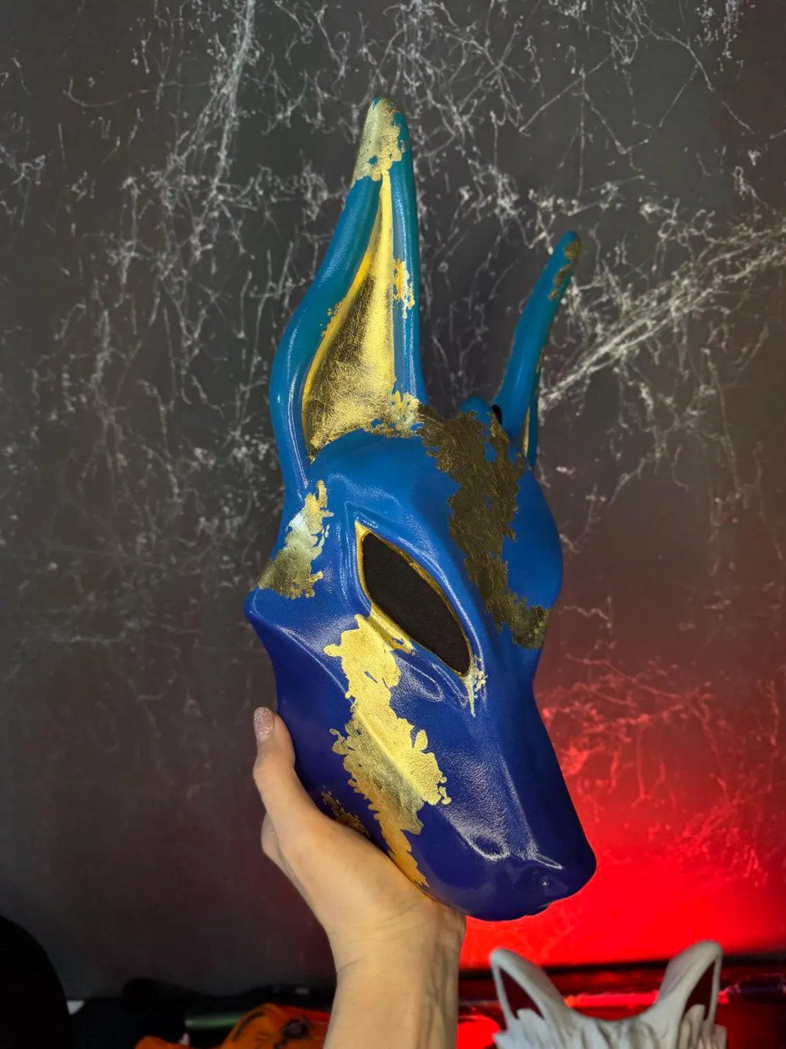 Pro Egyptian Anubis Mask Blue and Gold Wolf Jackal Ankh