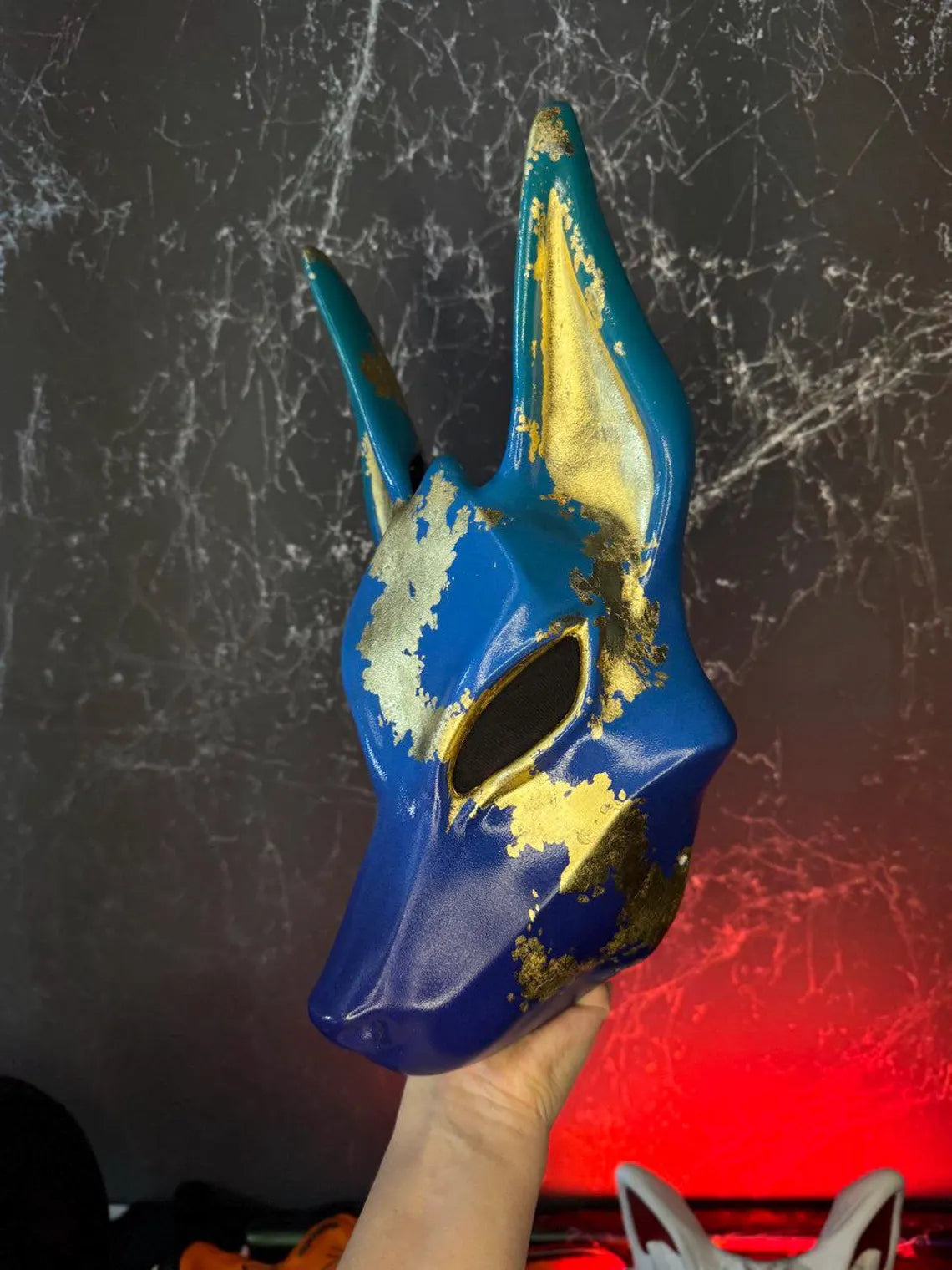 Pro Egyptian Anubis Mask Blue and Gold Wolf Jackal Ankh