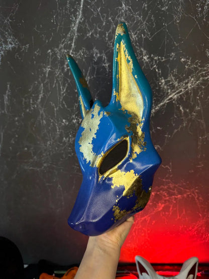 Pro Egyptian Anubis Mask Blue and Gold Wolf Jackal Ankh