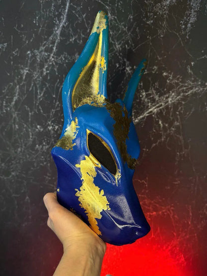 Pro Egyptian Anubis Mask Blue and Gold Wolf Jackal Ankh