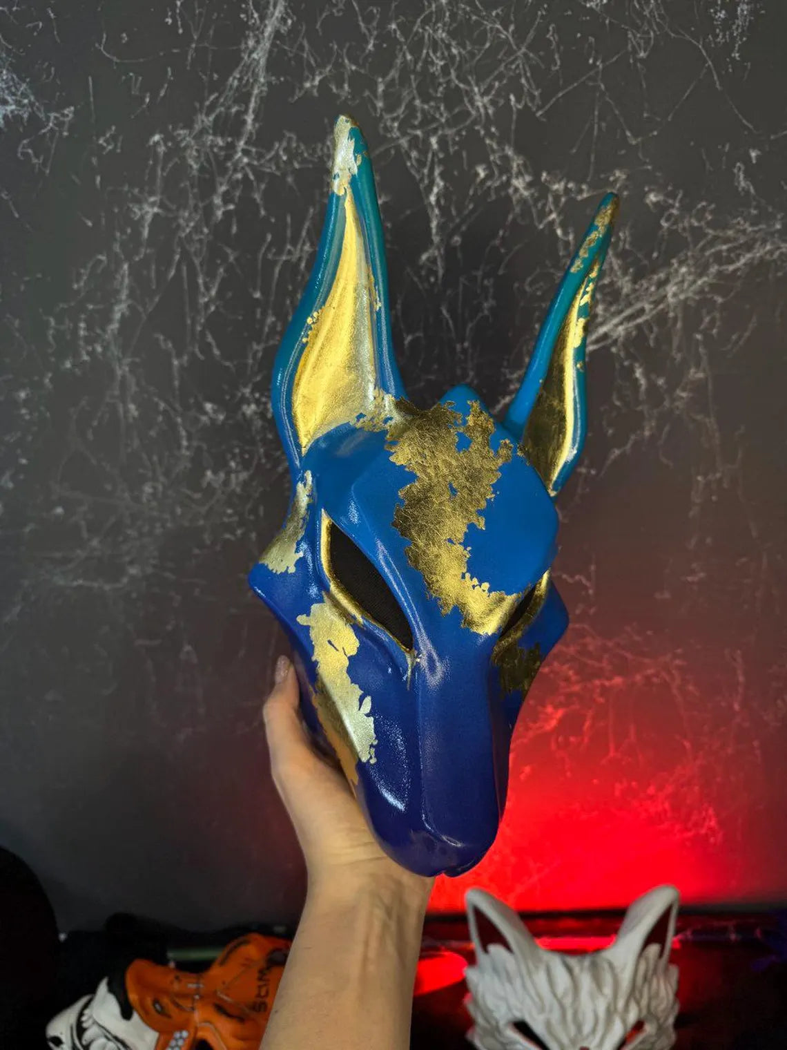 Pro Egyptian Anubis Mask Blue and Gold Wolf Jackal Ankh