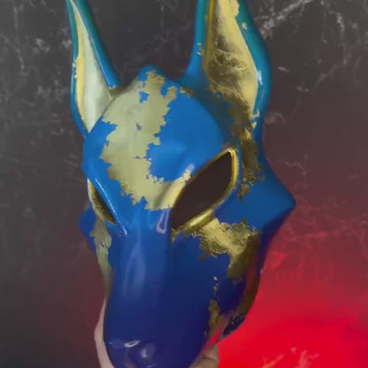 Pro Egyptian Anubis Mask Blue and Gold Wolf Jackal Ankh