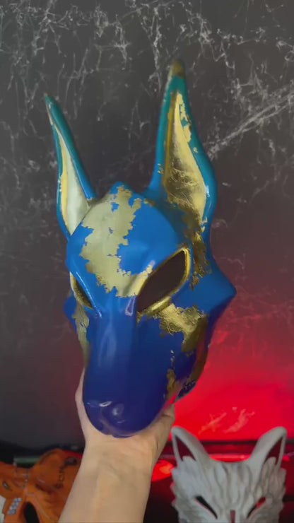 Pro Egyptian Anubis Mask Blue and Gold Wolf Jackal Ankh